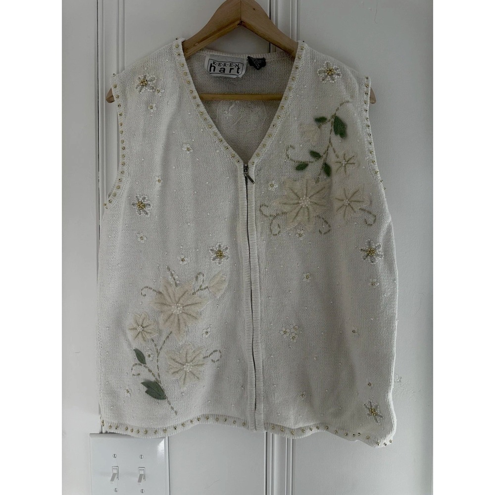 Keren Hart Womens L Cream Floral Embroidered Beaded Sweater Vest Zip Cottagecore